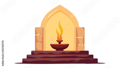 Illustration of a decorative flame in a stone alcove