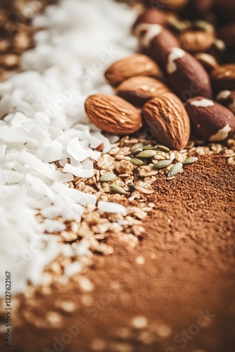 Closeup Granola, Almonds, Coconut, Cacao Healthy Breakfast Bowl