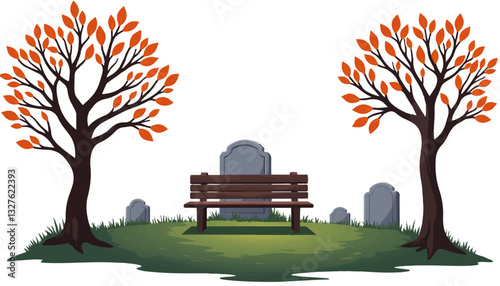 Cemetery scene with bench and autumn trees
