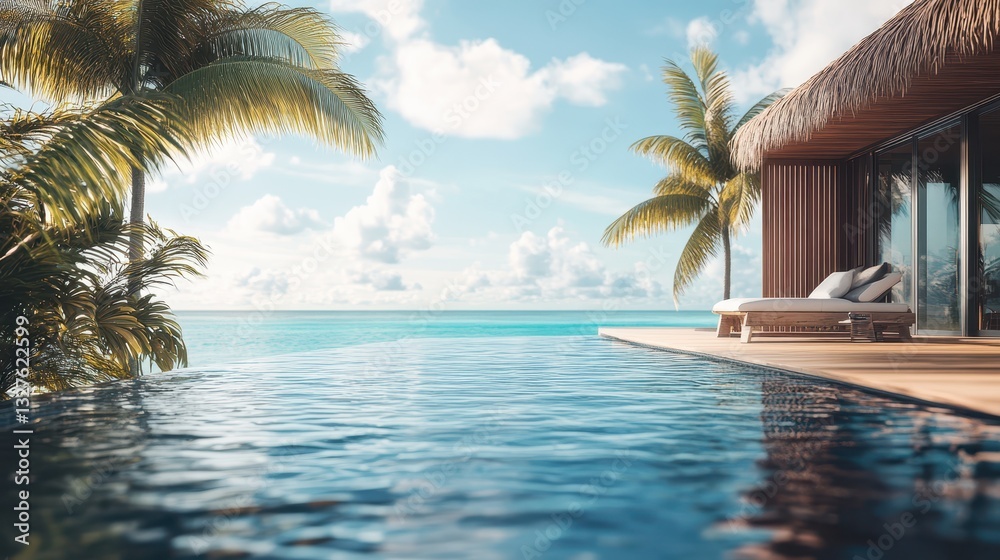 Fototapeta premium Of a Exotic overwater bungalow resort with a private infinity pool and direct ocean access