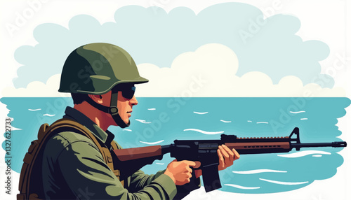 Soldier aiming rifle at sea backdrop