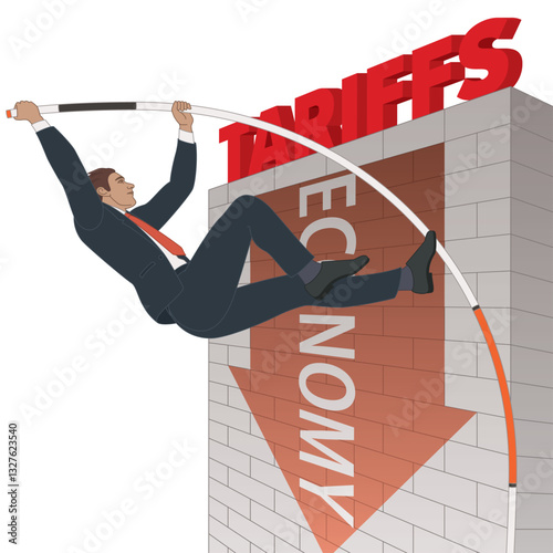 business man pole vaulting over a high wall of tariffs with the economy pointing downward, isolated on a white background