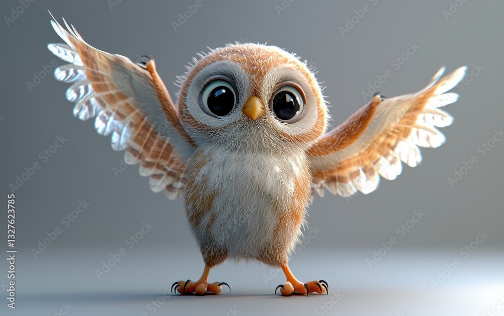 Obraz premium Baby owl stretching its wings, on a pastel gray background