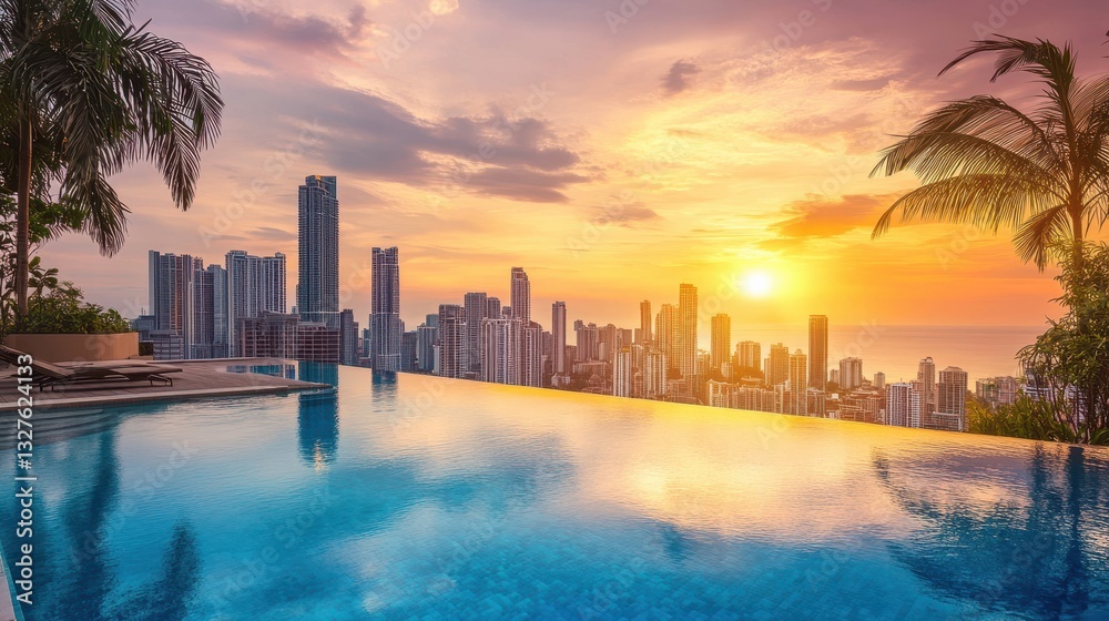 Obraz premium Of a Infinity-edge rooftop pool in a tropical city, offering a panoramic view of skyscrapers and a vibrant sunset