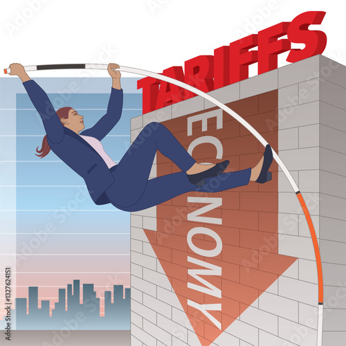 business woman pole vaulting over a high wall of tariffs with the economy pointing downward, sky and building skyline in background