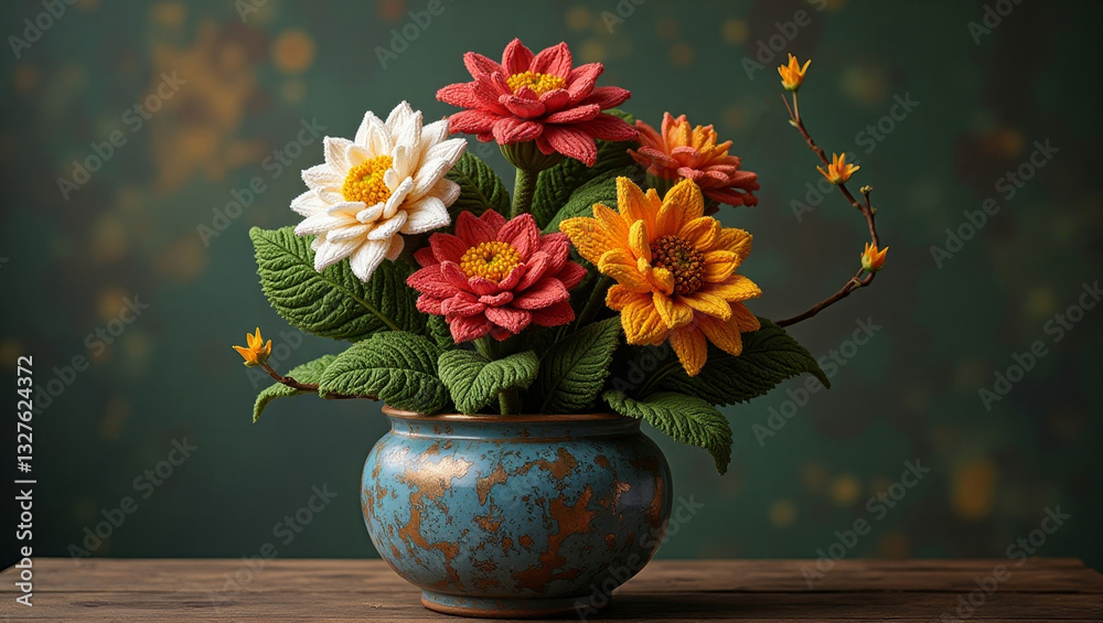 Amigurumi flower bouquet in a decorative vase on a wooden table Amigurumi flower bouquet in a decorative vase on a wooden table