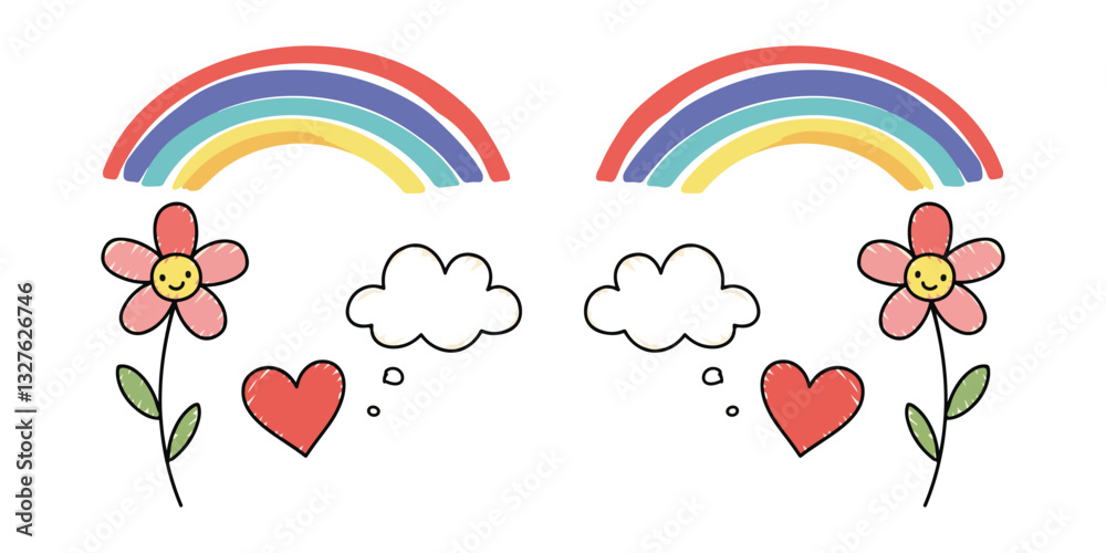 Cute kid scribble line flower a delightful set of design elements features cute, childlike scribble style drawings, including flowers, hearts, and rainbows. These hand-drawn doodles embrace a playful 