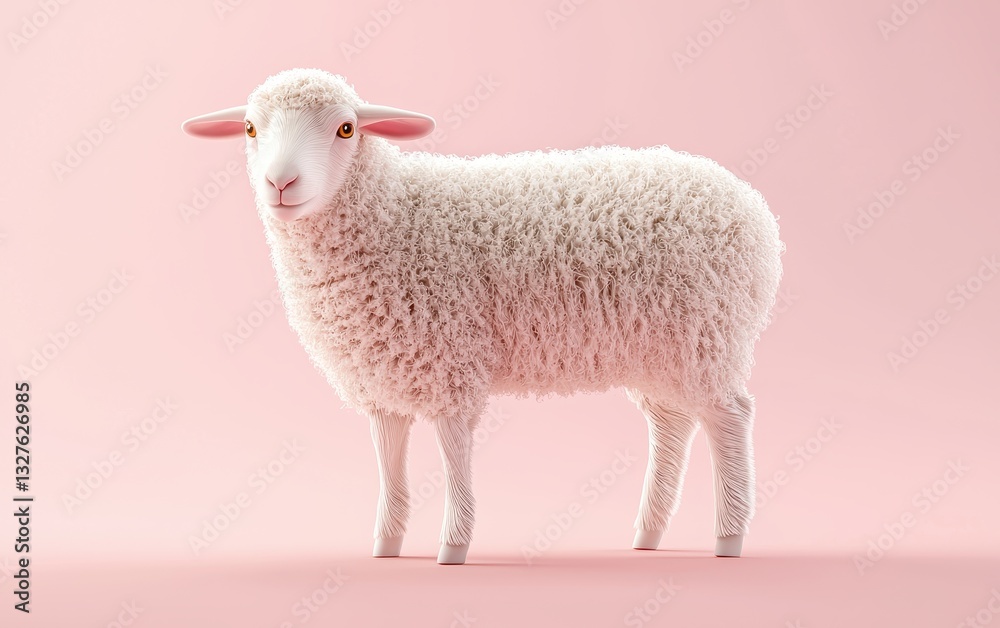 Obraz premium Fluffy lamb grazing, on a pastel soft pink background