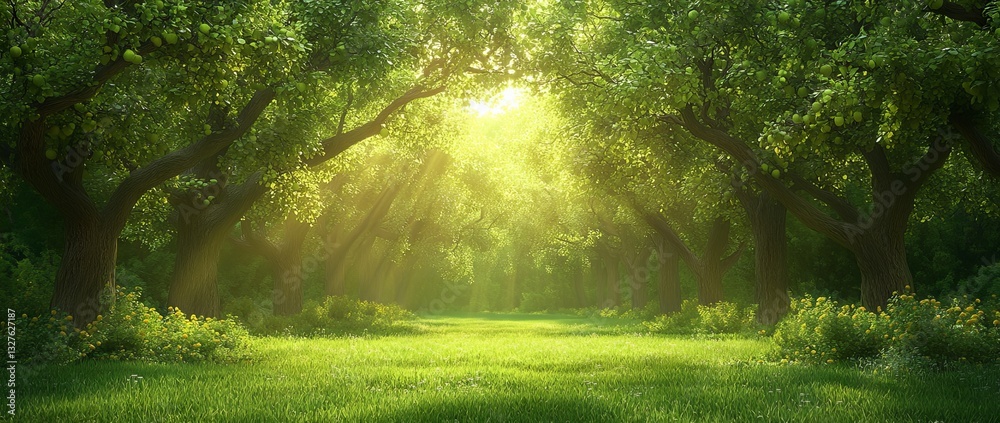 The orchard comes alive at sunset, with rows of juicy, ripe apples nestled in lush green leaves, radiating a warm and inviting atmosphere under golden light The orchard comes alive at sunset, with rows of juicy, ripe apples nestled in lush green leaves, radiating a warm and inviting atmosphere under golden light