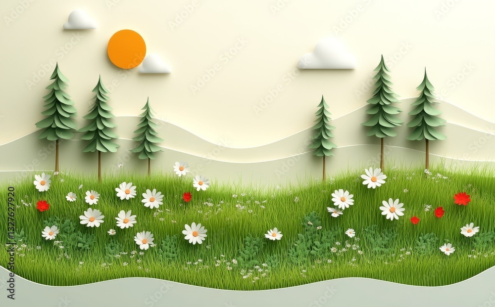 Obraz premium A calm landscape featuring intricate paper-cut flowers and trees in light beige and cream colors, creating a soothing and tranquil atmosphere
