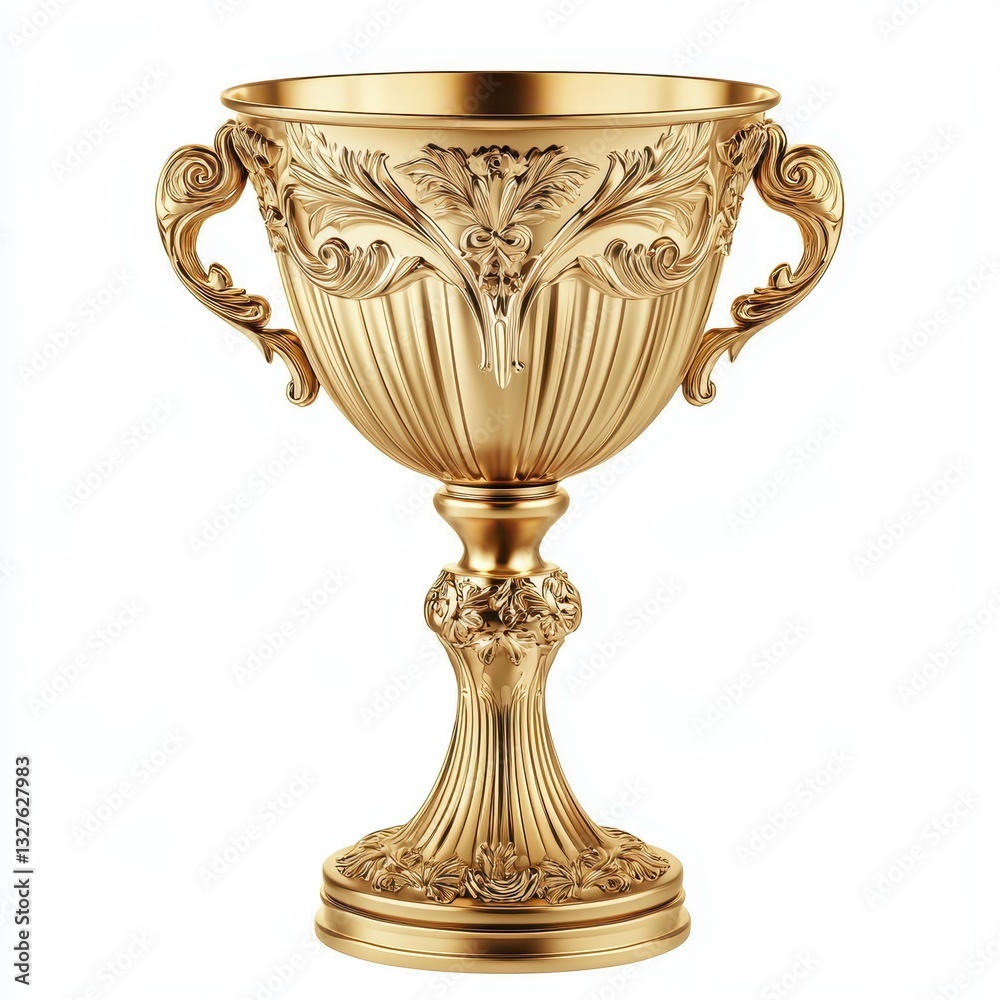 Golden first-place trophy with engraved text and decorative curves, isolated on a pure white background Golden first-place trophy with engraved text and decorative curves, isolated on a pure white background