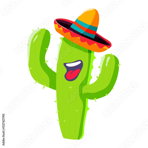 A green cactus with a sombrero on its head. The cactus is smiling and has a tongue sticking out