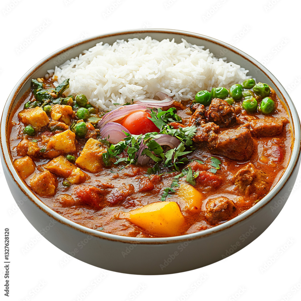 A Bowl of Sri Lankan Rice and Curry Stew with Vegetables Isolated on Transparent Background