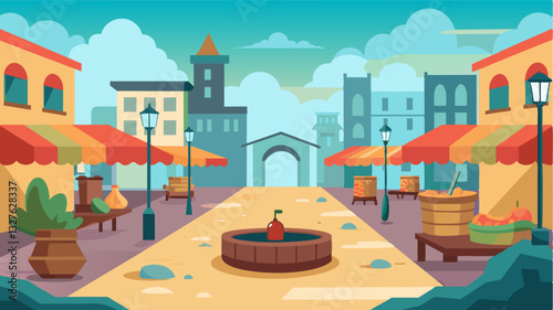 The oncebustling market square now sits empty the lack of water making it impossible for merchants to bring their goods to sell.. Vector illustration