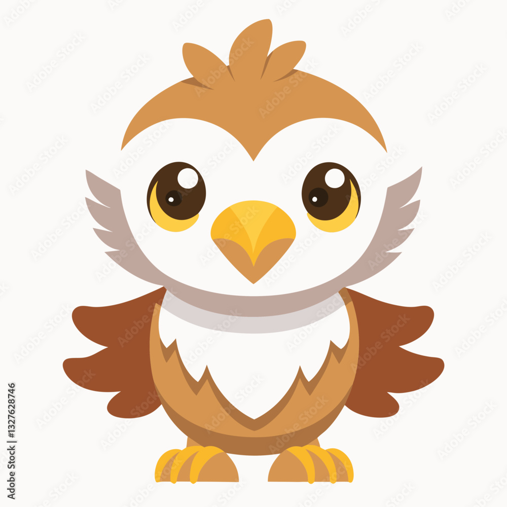 Fototapeta premium an adorable cartoon owl with big eyes. It has brown and white feathers, and a yellow beak