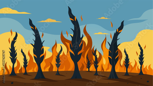 The remnants of twisted and burnt corn stalks protruded from the ground like gnarled fingers reaching for help in the aftermath of the heatwave.. Vector illustration