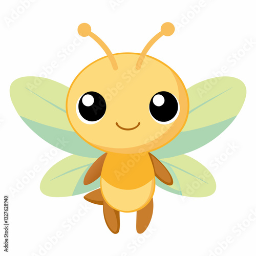an adorable cartoon firefly with big eyes and a friendly smile, its wings spread out