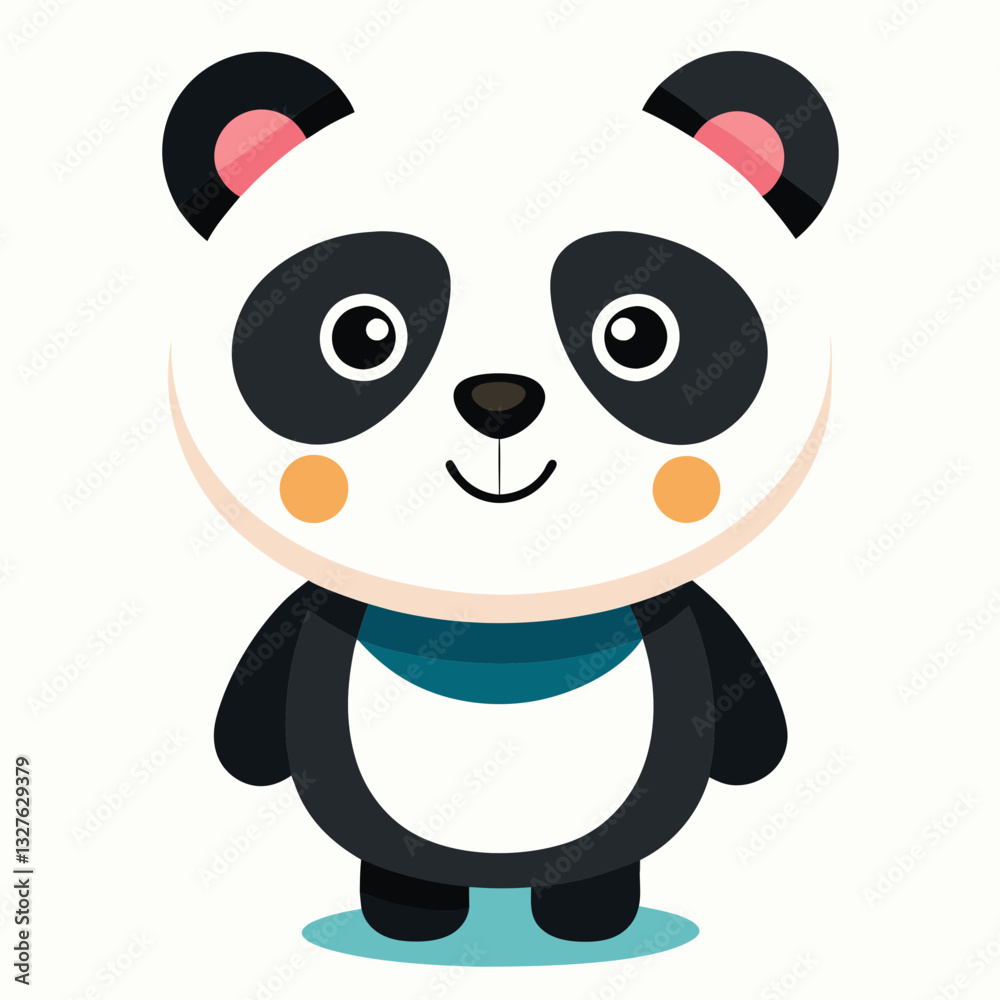 Naklejka premium a cute cartoon panda with a sweet, friendly expression and adorable features. It stands upright, displaying its distinctive black and white fur, chubby cheeks and a blue scarf 