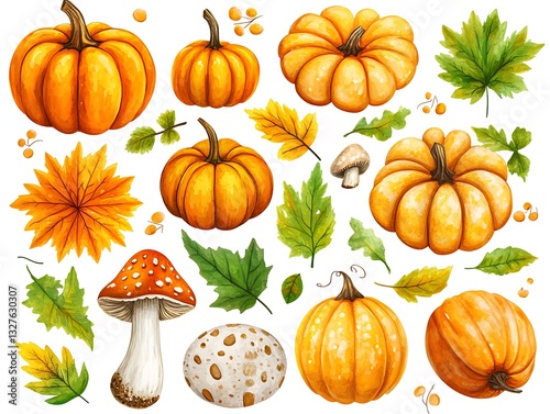 Pumpkins, autumn leaves, mushrooms on white background