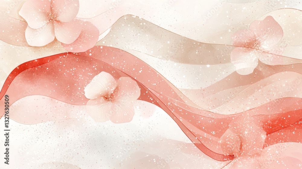 Fototapeta premium An abstract creation featuring smooth waves of warm peach and cream, highlighted by twinkling golden dust, crafting a calm and dreamy atmosphere