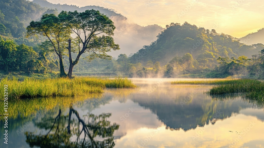 Obraz premium Tranquil Waterway Reflecting Natural Beauty at Golden Hour