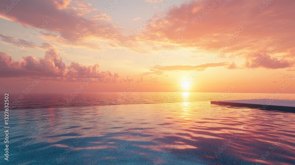 Naklejka premium Of a Modern infinity pool seamlessly blending with the ocean horizon under a vibrant sunset