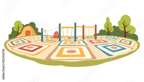 Colorful playground with swings and climbing structures