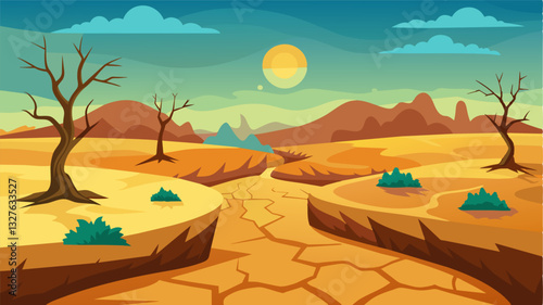 The once fertile earth now resembled a barren wasteland robbed of its potential by the relentless floods that had washed away all hopes of a bountiful harvest.. Vector illustration