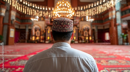 Person praying in a mosque, blurred lights in background