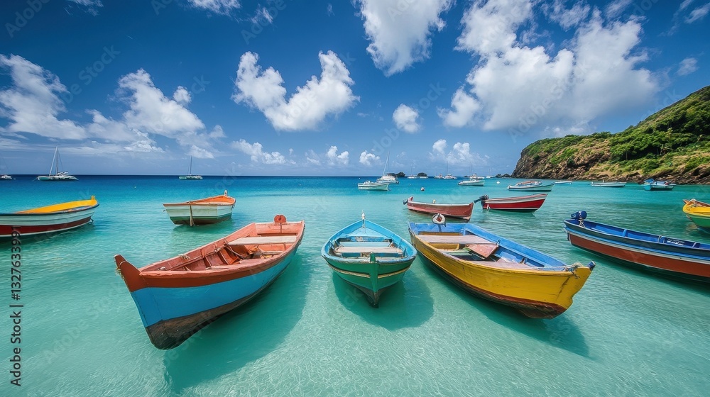 Of a Scenic tropical bay with colorful boats floating on glassy blue water under a bright sky Of a Scenic tropical bay with colorful boats floating on glassy blue water under a bright sky