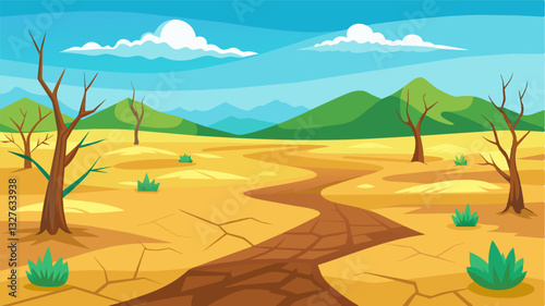 The once lush and green fields now stood barren and withered as if pleading for relief from the merciless grip of the water scarcity.. Vector illustration