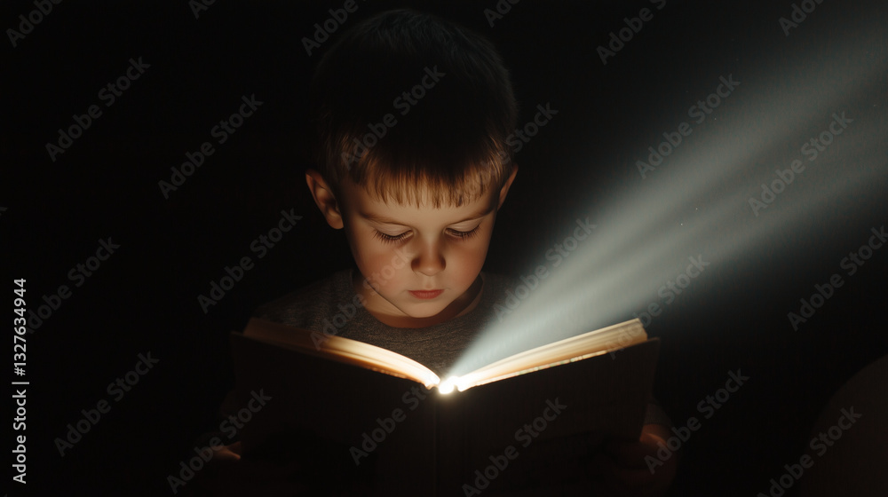 Child reading a picture book with flashlight in dark room Child reading a picture book with flashlight in dark room