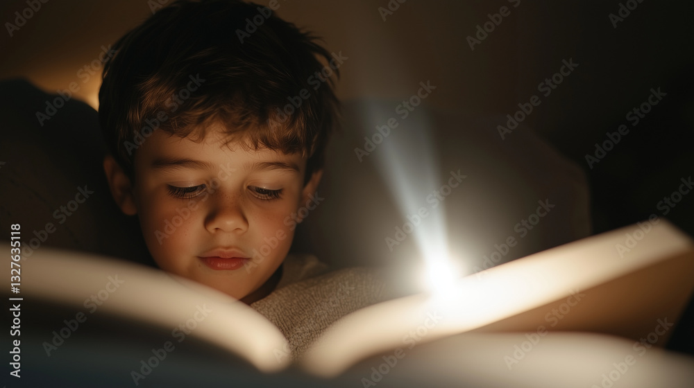 Child reading a picture book with a flashlight in a dark room Child reading a picture book with a flashlight in a dark room