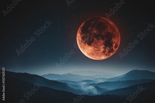 A stunning image of a Super Blood Moon eclipse in the night sky, with the full moon glowing in a deep blood-red hue
