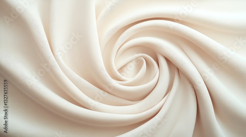 A zoomed-in view of luxurious cream satin highlights detailed swirls and folds, creating a glossy, silky texture that suggests sophistication and gentleness