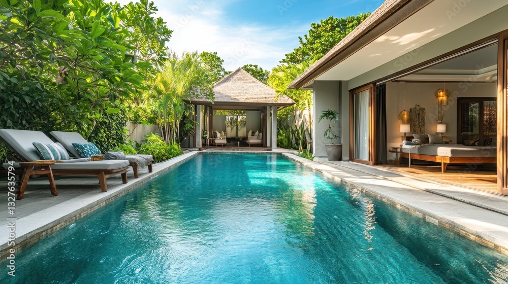 Fototapeta premium Of a Private poolside villa with tropical greenery, a sunbed, and a refreshing turquoise swimming pool