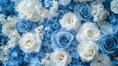 Fototapeta Naklejka Na Ścianę i Meble -  Combination of blue and white roses covering the frame, soft and luxurious