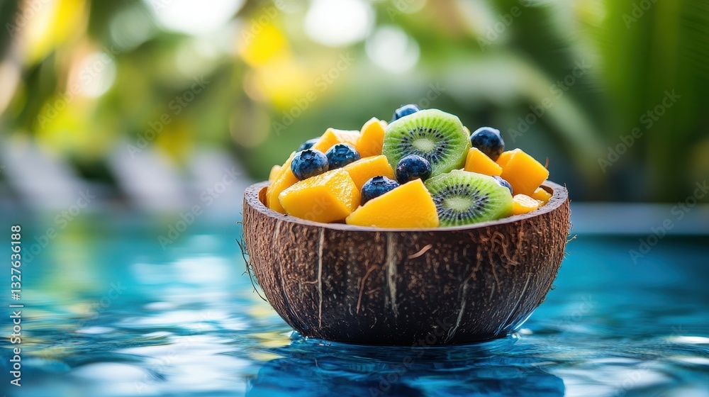 Of a Refreshing fruit salad with kiwi, mango, and blueberries, served in a coconut shell by a pool with tropical reflections Of a Refreshing fruit salad with kiwi, mango, and blueberries, served in a coconut shell by a pool with tropical reflections