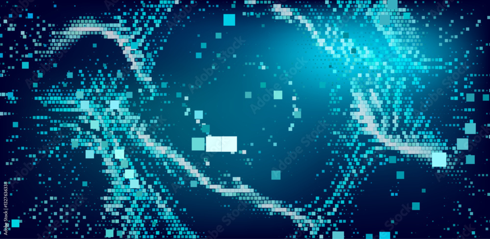 Digital vector illustration of grid of blue squares on a dark background. Arrangement of squares creates a dynamic, flowing pattern that resembles data or pixels in a modern, tech-inspired design.