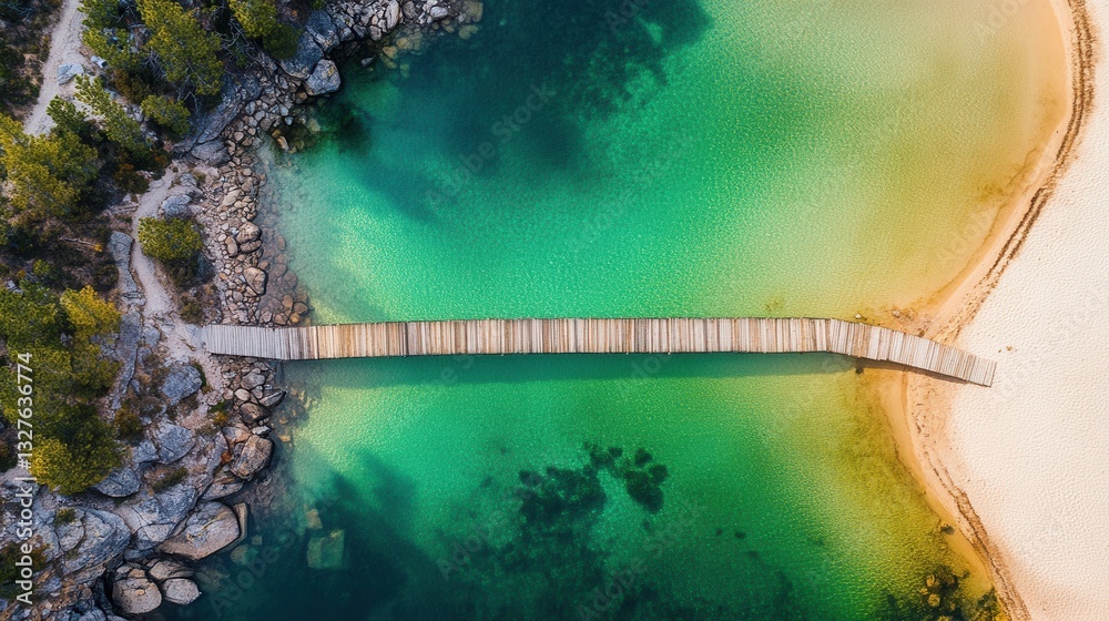 Fototapeta premium Aerial View of Tranquil Shoreline and Bridge