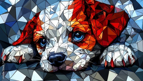Puppy peeking out on a mosaic background, pet art use