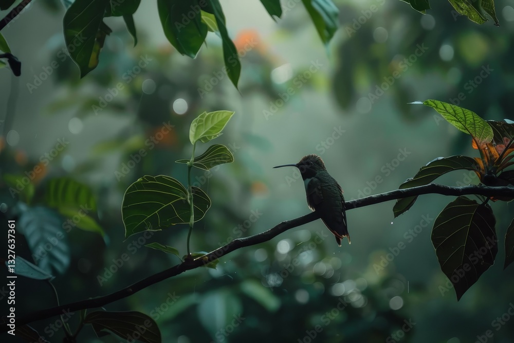 Fototapeta premium A Hummingbird Perched on a Branch in a Lush Rainforest, A hummingbird perched delicately on a slender branch, framed by lush greenery