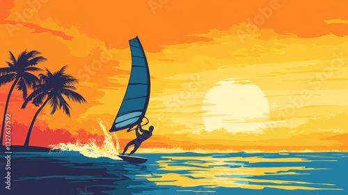 Male training windsurfing on ocean surface water, people exercise sea workout, man vacation line flat vector illustration, isolated on white.