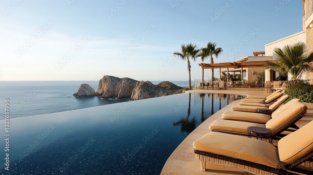Fototapeta premium Of a Scenic infinity pool on a cliffside resort, offering breathtaking ocean views under a clear sky
