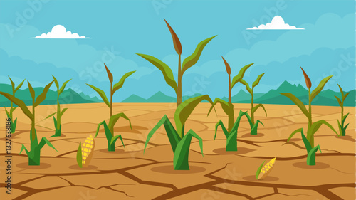 The once lush and green field now lay barren with nothing but a few parched corn cobs to show for the failed harvest.. Vector illustration