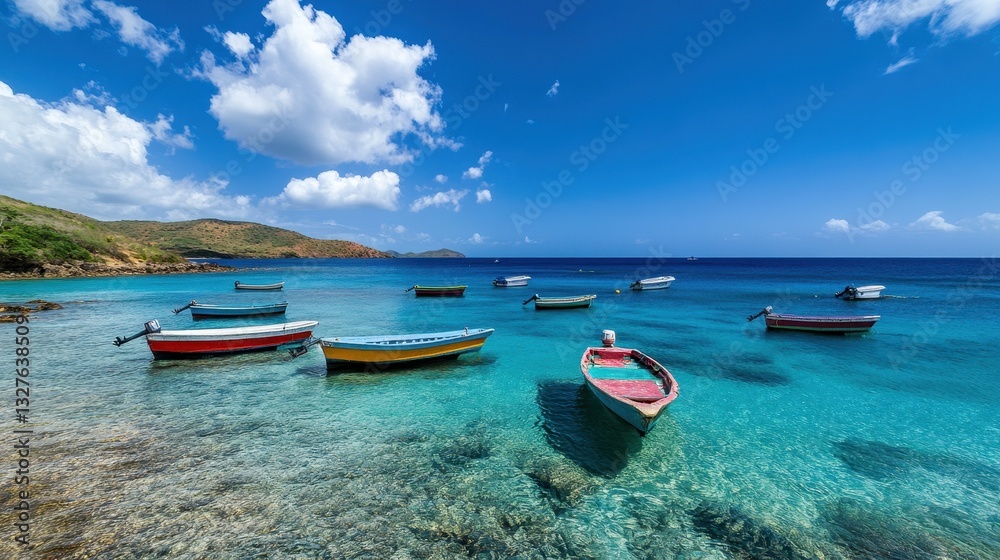 Of a Scenic tropical bay with colorful boats floating on glassy blue water under a bright sky Of a Scenic tropical bay with colorful boats floating on glassy blue water under a bright sky