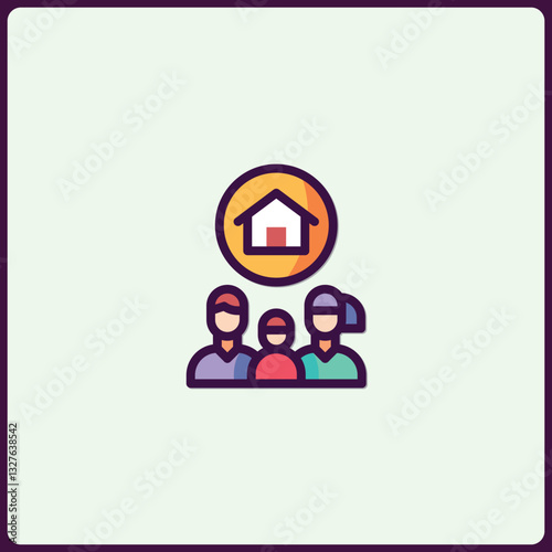 House Icon with Family Symbolizing Home Ownership and Real Estate