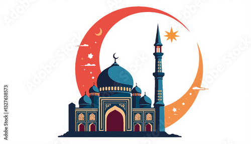 Mosque silhouette against a crescent moon and stars
