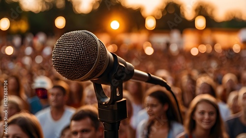 A Microphone That Holds a Thousand Words, Microphone on the Concert Stage, Microphone Stand In Front the Audience, Live Performance in Motivational Speaker, Comedy, Music, and Theater