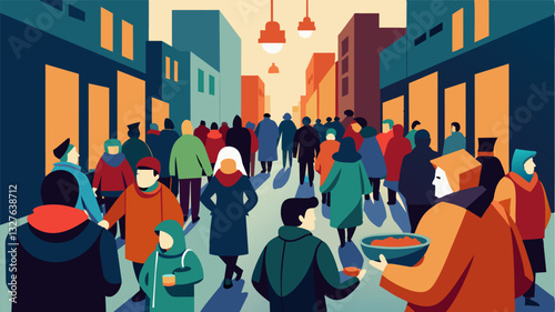 The once silent streets were now bustling with people all heading towards the soup kitchen in search of a glimmer of hope amidst the economic crisis.. Vector illustration